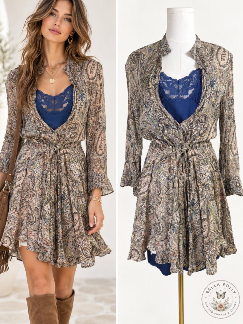 Zadig & Voltaire Ranil Peacock Silk Boho Dress Small + Vintage Vanity Fair Slip